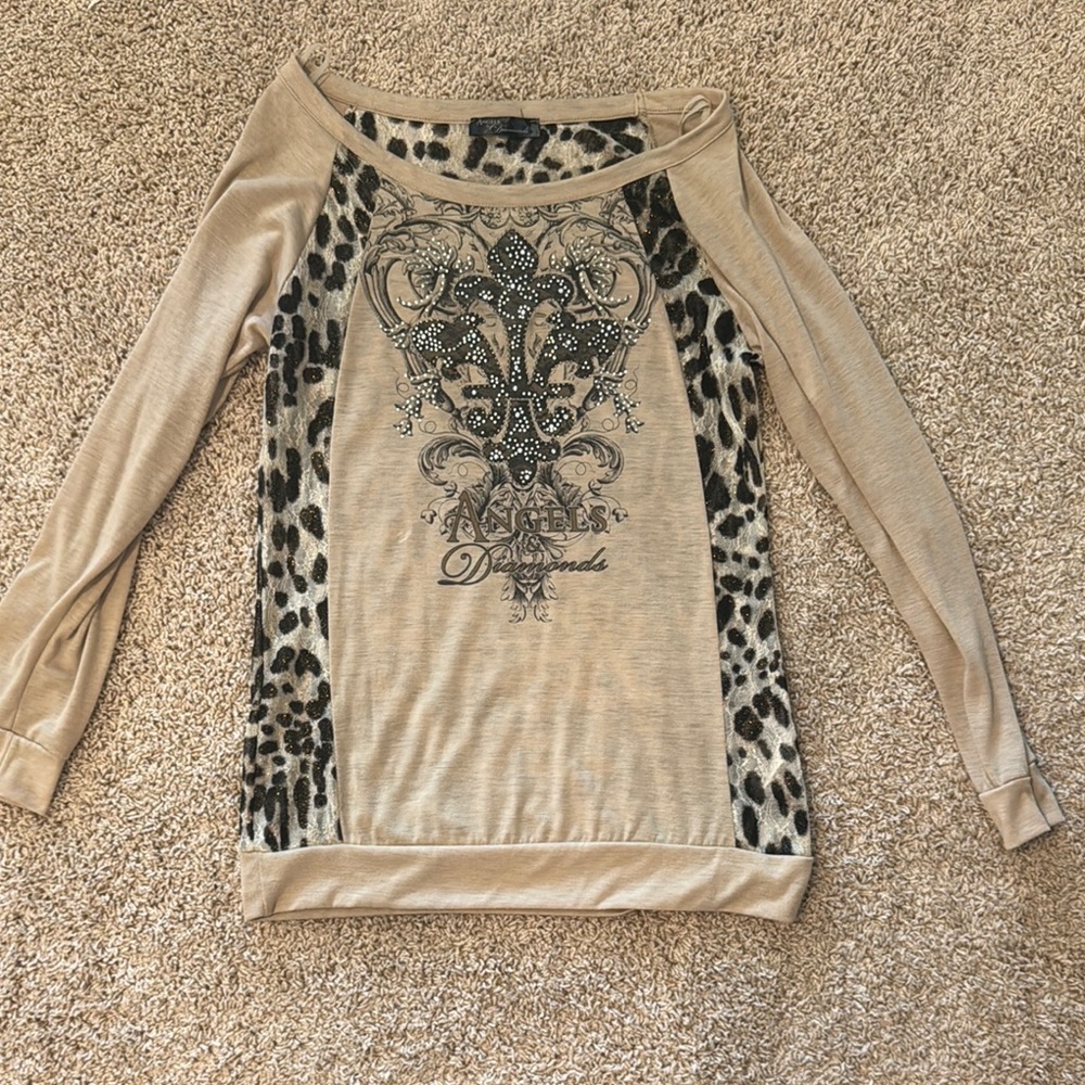 Beige Leopard Print Long Sleeve Top With Crystals